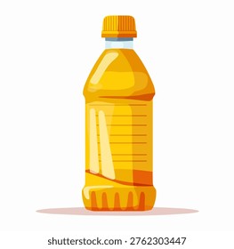 A bright yellow bottle is shown, designed to hold vegetable oil. The bottle stands upright on a clean white background. The cap is off-center and orange, contrasting with the yellow of the bottle. The bottle features a smooth surface and simple lines, making it easy to recognize. This design is suitable for kitchen or cooking themes, emphasizing its functionality and common use in various recipes. Ideal for food-related illustrations