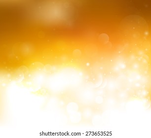 Bright yellow brown background with bokeh and glow. Magic light vector background. Colorful background with defocused lights