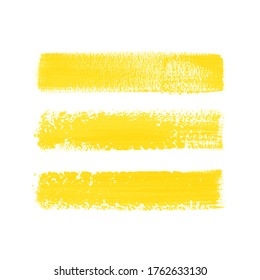 Bright yellow brush paint texture stroke set isolated vector background.  