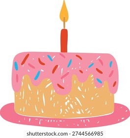 A bright yellow cake with pink icing, sprinkles, and a single lit candle, hand-drawn in pencil. A sweet treat for a birthday, party, or celebration. Decoration for cards and invitations. Flat vector.
