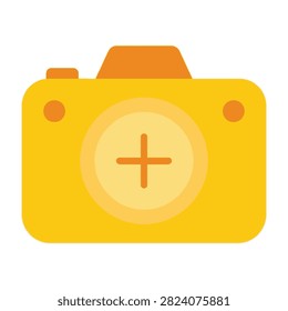A bright yellow camera icon featuring a prominent plus sign in the center of the lens, symbolizing photo upload, adding images, or creating new content for digital applications.