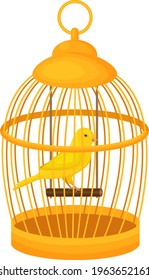 A bright yellow canary bird sits wooden perch in closed golden cage  Vector illustration isolated white background 
