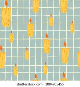 Bright yellow candles random print seamless pattern. Blue chequered background. Fika print. Decorative backdrop for wallpaper, textile, wrapping paper, fabric print. Vector illustration.