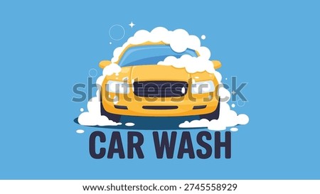 A bright yellow car is being washed, covered in soap suds and foam. The car wash scene is depicted on a vibrant blue background, highlighting the cleaning process. The image is a cartoon illustration, showcasing a clean and shiny automobile.