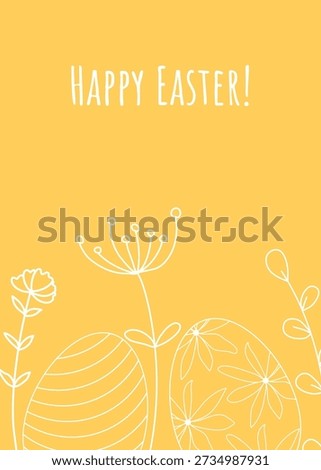 Bright yellow card with Easter eggs. Vertical template with painted decorated ellipses, flowers, herbs and text. Happy Easter layout. Vector graphic