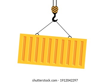 Bright yellow cargo in container lifts on winch. Unloading or loading cargo. Vector illustration isolated on white background in cartoon style.