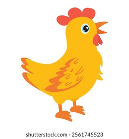 Bright yellow cartoon chicken singing joyfully in a playful scene