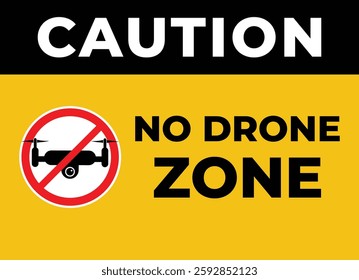 A bright yellow caution sign with a bold, black "No Drone Zone" message and a graphic of a drone with a red "no entry" symbol.