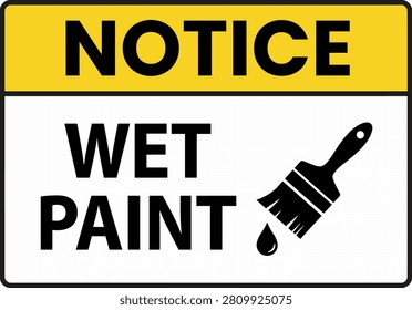 Bright yellow caution sign displaying wet paint text and a dripping paintbrush icon
