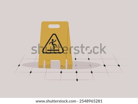 Bright yellow caution sign stands on shiny wet floor tiles, indicating slippery conditions, Attention drawn to safety in a bustling location as the sun casts soft shadows