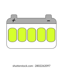 Bright yellow cells line a battery's body. Gray terminals mark positive and negative ends. Simple vector art style with clean outlines. Ideal for educational or technical illustrations