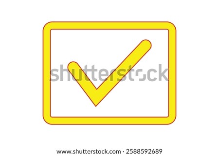 Bright Yellow Check mark Icon with Red Outline on White Background.