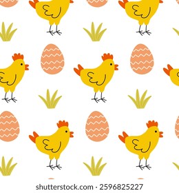Bright yellow chickens and colorful eggs create a cheerful springtime pattern for festive celebrations and decorations