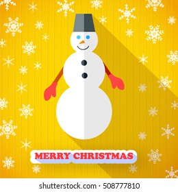 Bright yellow christmas holiday postcard with snowman and snowflakes flat vector illustration