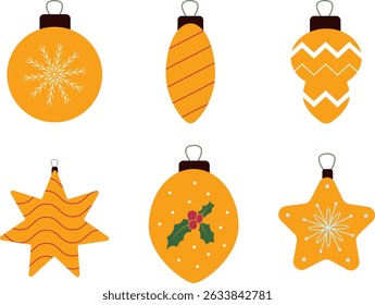 Bright Yellow Christmas Ornaments Set. Flat Style Decorative Holiday Baubles for Seasonal Cards, Gift Tags, Scrapbooking, Home Decor Projects and Winter Crafts with Stars, Holly and Snowflakes