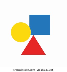 Bright yellow circle red triangle and blue square arranged in a triangle formation