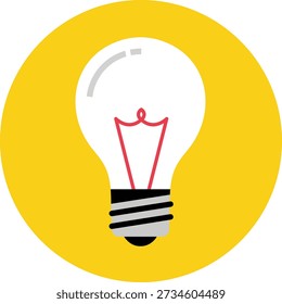 Bright yellow circle with a white light bulb and red filament idea innovation