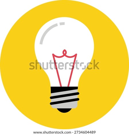 Bright yellow circle with a white light bulb and red filament idea innovation