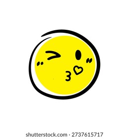 A bright yellow circular emoticon with puckered lips blowing a small heart kiss.