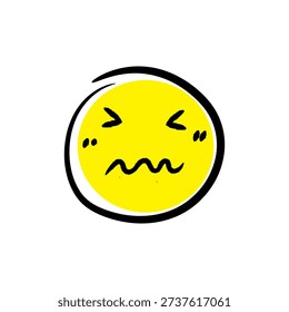 A bright yellow circular emoticon with small black eyes and a wavy, wave-shaped mouth in the center.uneven mouth gives a confused or unsure expression, as if feeling awkward or hesitant
