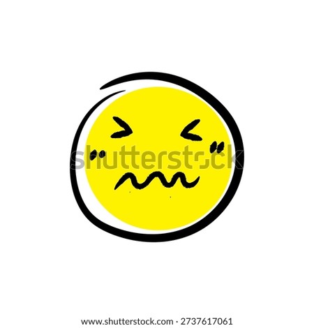 A bright yellow circular emoticon with small black eyes and a wavy, wave-shaped mouth in the center.uneven mouth gives a confused or unsure expression, as if feeling awkward or hesitant