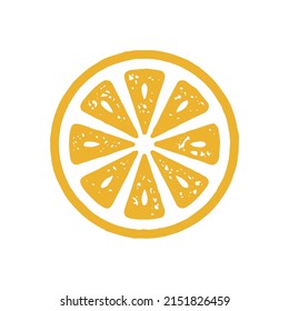 Bright yellow citrus fruit ornament slice hand drawn grunge texture logotype vector illustration. Summer seasonal natural vitamin lemon, orange, mandarin minimalist logo isolated. Diet detox nutrition