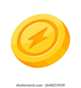 Moedas amarelas brilhantes com um raio, simbolizando criptomoeda e finanças digitais em um fundo branco limpo.