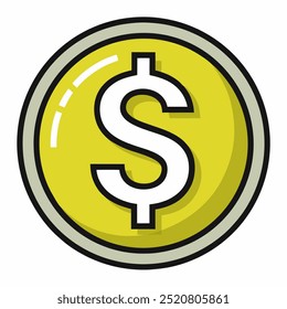 A bright yellow coin featuring a prominent dollar sign on its surface