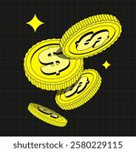 Bright yellow Coins in flat style. illustration 90s of currency or dollar in retro y2k style. Flying Money. Applicable for gambling games, jackpot, bank, financial illustration or banners. Vector 