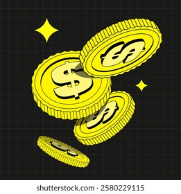 Bright yellow Coins in flat style. illustration 90s of currency or dollar in retro y2k style. Flying Money. Applicable for gambling games, jackpot, bank, financial illustration or banners. Vector 