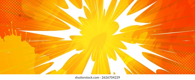 Bright yellow comic book explosion - dynamic radial lines burst from central point. Stylized cartoon blast effect with spiked star shape silhouette. Vibrant orange gradient, halftone dot texture bg.