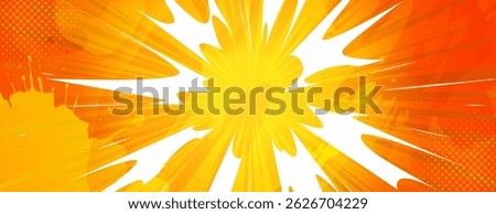 Bright yellow comic book explosion - dynamic radial lines burst from central point. Stylized cartoon blast effect with spiked star shape silhouette. Vibrant orange gradient, halftone dot texture bg.
