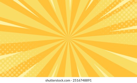 Bright yellow comic sunburst effect background with halftone. Sun rays abstract vector background. Suitable for templates, banners, events, ads, sales, web and pages
