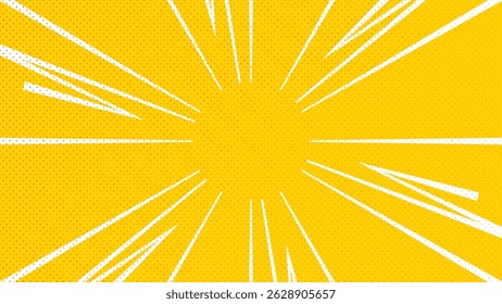 Bright yellow comic-style starburst with sharp white rays and halftone texture, capturing attention instantly.