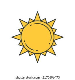 Bright yellow contoured circle summer vacation sun with beams shine pop art groovy style t shirt print decorative design vector illustration. Comic outline sunny sky light heat warm weather sticker