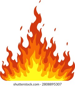 Bright yellow core surrounded by orange and red flames, stylized, rising upward across white background. Vector illustration