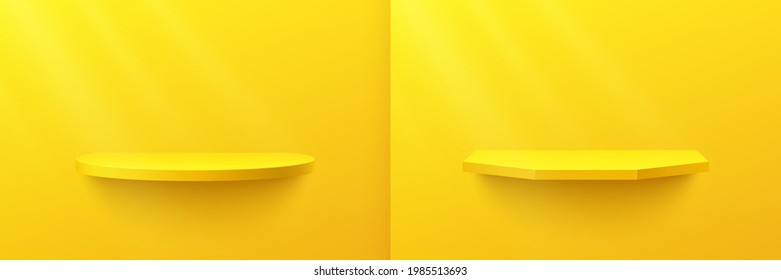 Bright yellow cylinder and hexagon shelf set, Pedestal Podium. Yellow orange wall scene with window lighting. Vector rendering 3d shape, Product display presentation. Abstract studio room concept.