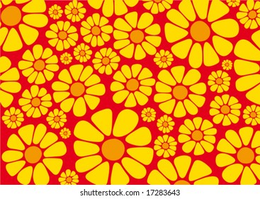 Bright yellow daisy flower vectors on red background, one of a series
