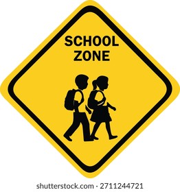 Bright yellow diamond school-zone warning sign featuring a bold black border, walking children silhouette Ideal for traffic signage, children crossing alerts, road safety.