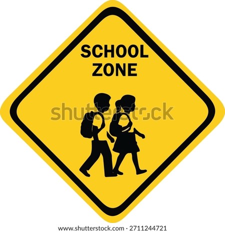 Bright yellow diamond school-zone warning sign featuring a bold black border, walking children silhouette Ideal for traffic signage, children crossing alerts, road safety.