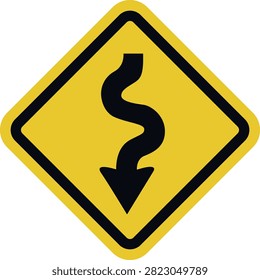 A bright yellow diamond-shaped warning sign with a black border and winding arrow symbol, alerting drivers to an upcoming series of curves on the road.