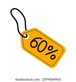 Bright yellow discount tag indicating a 60 percent sale on various products during a retail promotion event