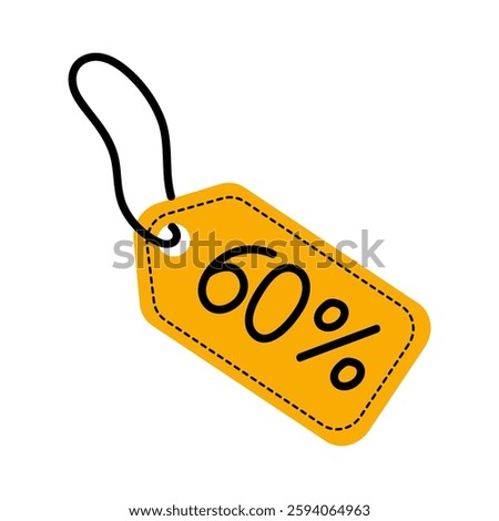 Bright yellow discount tag indicating a 60 percent sale on various products during a retail promotion event