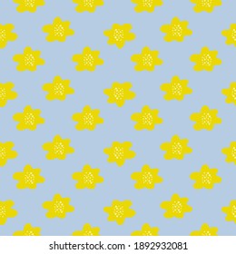 Bright yellow doodle flower shapes seamless pattern. Blue background. Summer blossom ornament. Stock illustration. Vector design for textile, fabric, giftwrap, wallpapers.