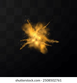 Bright yellow dust explosion. Vector illustration of a dynamic explosion with particles and smoke on a dark checkered background. Suitable for gaming, effects, and dramatic designs.