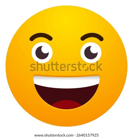 Bright yellow emoji face with a joyful expression, featuring bold eyebrows and a wide grin. Great for use in messaging apps, chat interfaces, and web design
