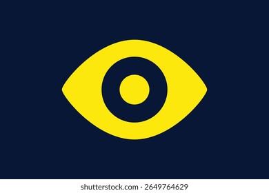 Bright yellow eye symbol centered against a navy blue background, symbolizing observation, insight, and clarity.