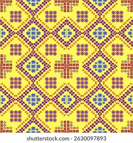 Bright yellow fabric with traditional geometric patterns, featuring alternating blue and red diamonds, surrounded by lines and small embroidery-like details.
