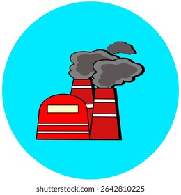 Bright yellow factory icon vector with a single chimney, set against a blue circle. Perfect for representing efficient industry, energy, and innovation.