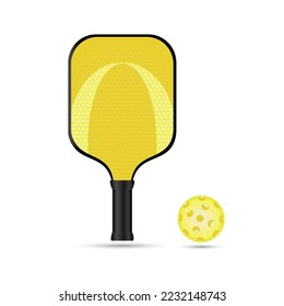 Bright yellow fashionable racket and pickleball ball. Pickleball Sports equipment for outdoor games. Active sports for elderly. Vector 3d illustration on white background